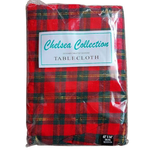 NEW Chelsea Collection Christmas Plaid Tablecloth Shiny Gold Accent Oblong 60X84 - Picture 1 of 4